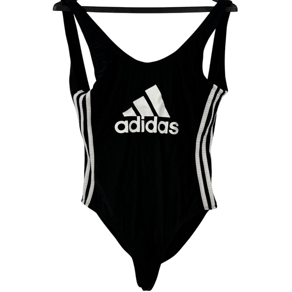 Adidas Black White Logo One Piece Swimsuit Low Back Sporty Athletic Bodysuit - Picture 2 of 8